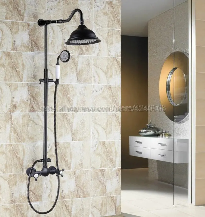 

Black Oil Rubbed Brass Wall Mount Rain Shower Faucet Set Handheld Shower Mixer Tap Dual Handles Faucets Krs792