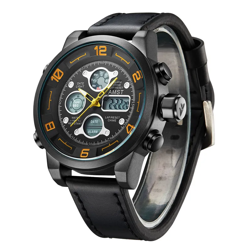 

AMST Brand Men Genuien Leather Strap Sport Quartz Watch Led Digital Multi-function Waterproof Army Military Wristwatch Gift Box