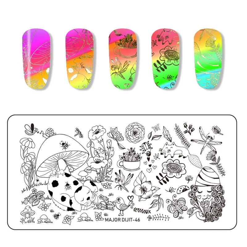 

WAKEFULNESS Spring Insect Pattern Nail Stamping Plates Rectangle Flowers Leavse Image Stencil Manicure Nail Art Template