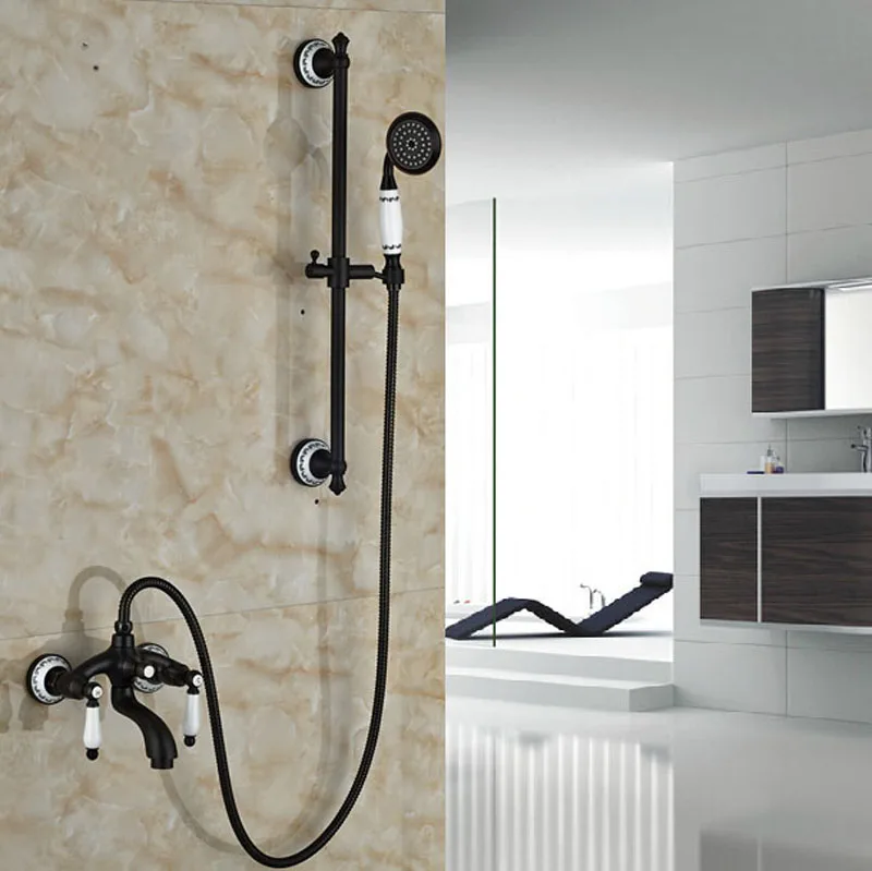 Good Quality Dual Handle Wall Mount Shower Faucet Set with Handheld Shower Sliding Bar Adjust Height