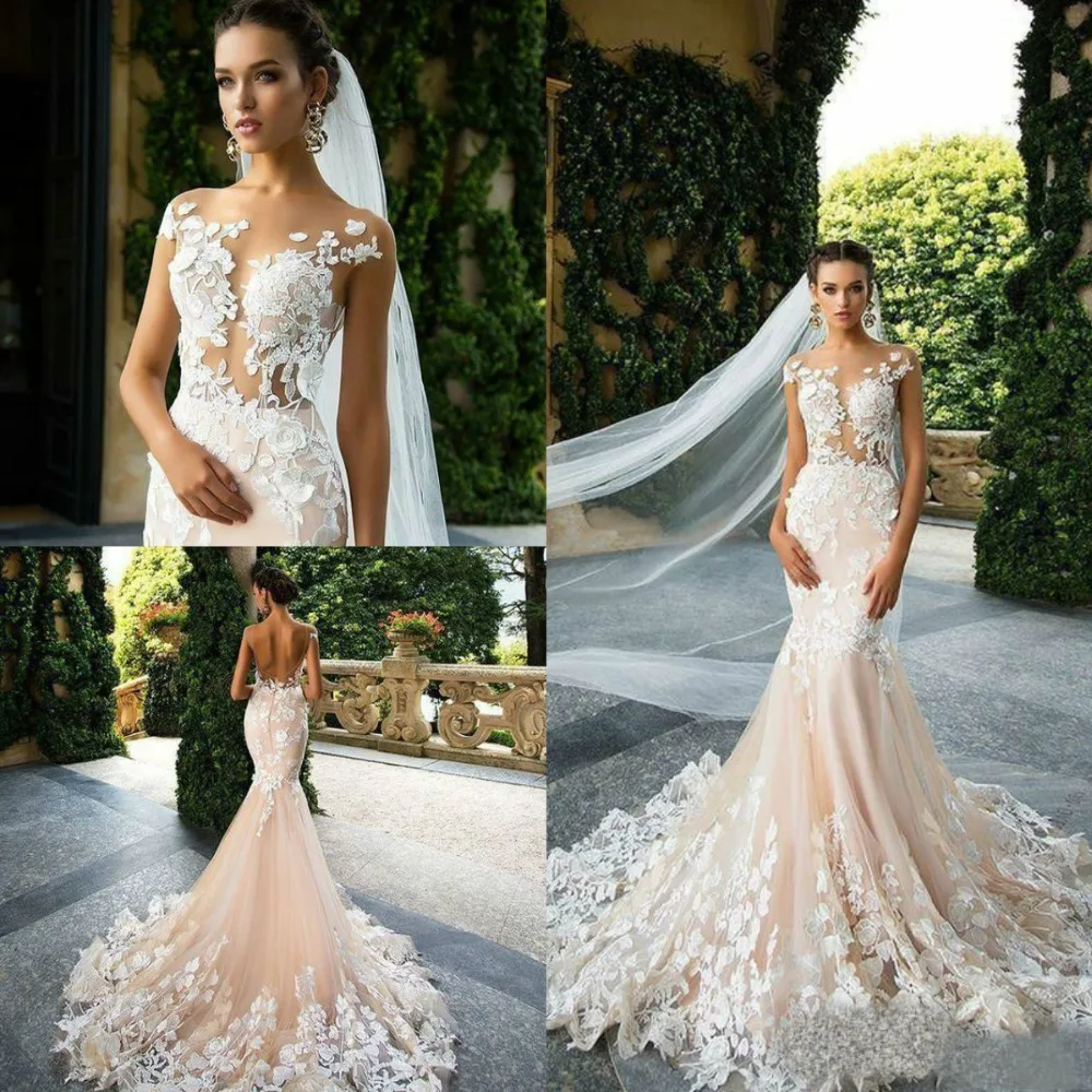 Sexy Backless Mermaid Wedding Dress Cap Sleeves Lace Applique Vestido De Novia Sweep Train Custom Made robe de mariee | Свадьбы и