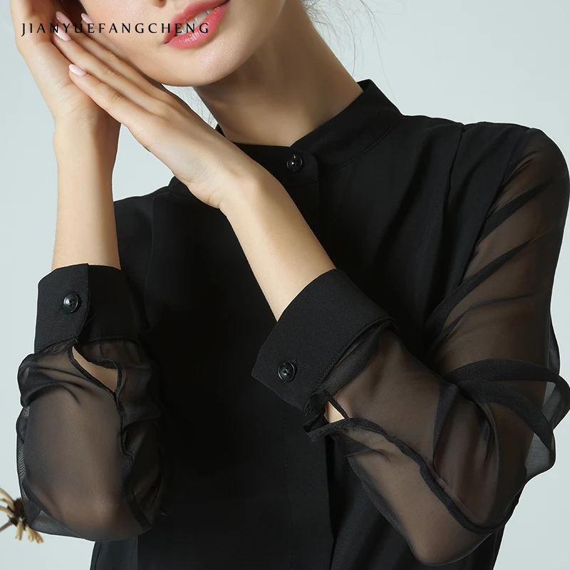 2018 Spring Womens See Through Long Sleeve Black Shirts Stand Collar