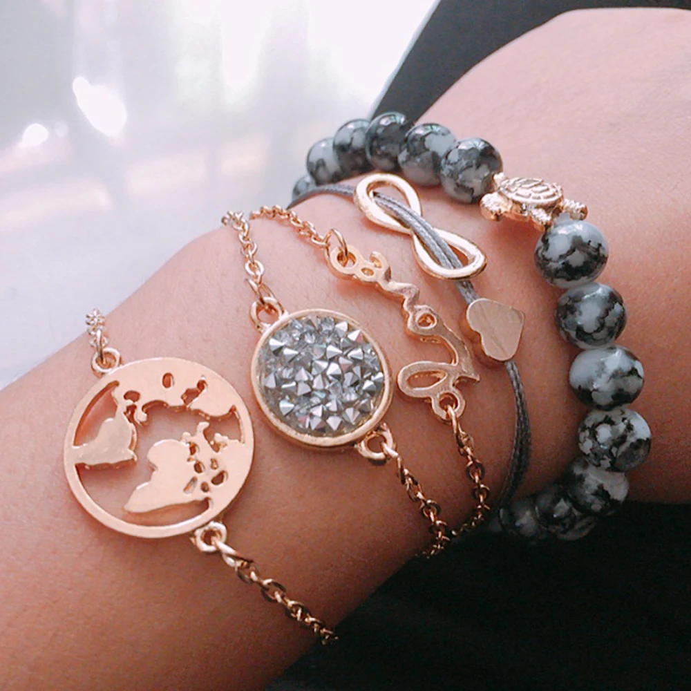 

5PCS/Set Turtle Heart Earth Map Bead Charm Bracelets For Women 2018 Boho Crystal Stone Infinite Chain Bracelet Jewelry Wholesale