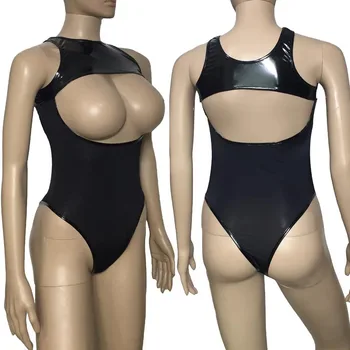 

Sexy Bodysuit Teddy Women Wet Look and Mesh Cupless Open Breast Teddies Pu Leather High Cut Leotard Mistress Lingerie Costume