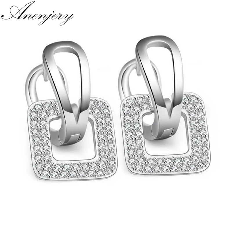 

Anenjery Upscale 925 Sterling Silver Earrings Mosaic CZ Zircon Square Stud Earrings For Women oorbellen pendientes S-E367