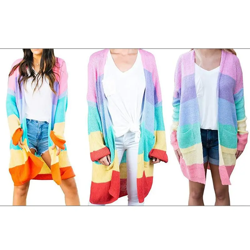 

Long Sleeve Open Front Sweater Cardigan Rainbow Striped Color Block Drape Oversized Knitwear Coat With Pockets