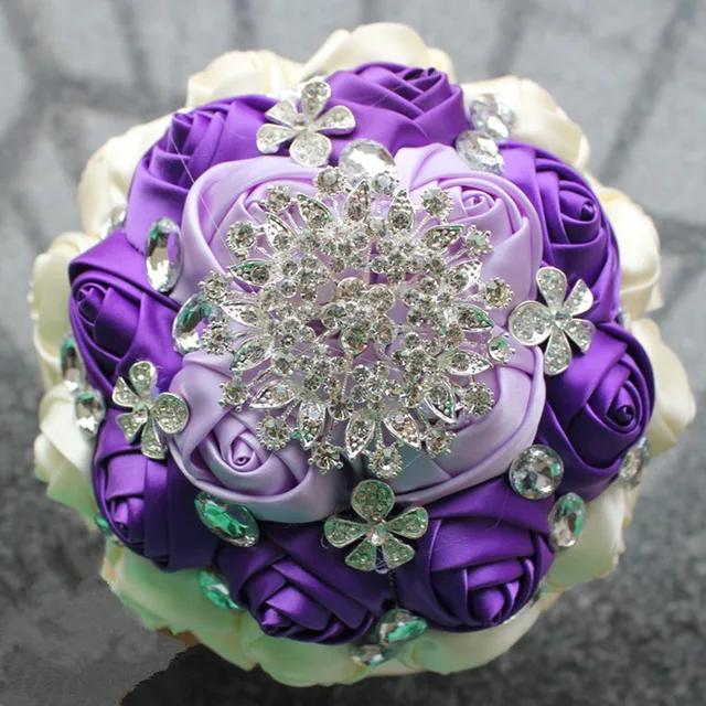 Purple Ivory Ribbon Rose Diamond Brooch Wedding Bouquet Crystal Purple Ivory Ribbon Rose Diamond Brooch Wedding Bouquet Crystal Artificial Flower Bridal Bridesmaid Holding Bouquets W236