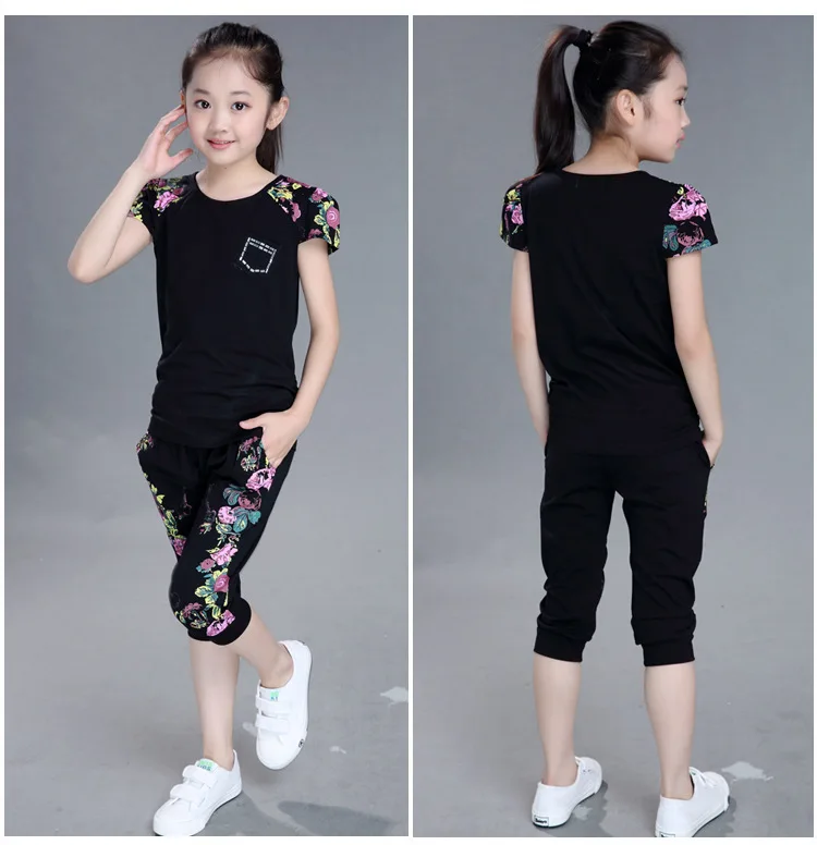 Cotton Children Clothing Sets Summer Girls Sports Suit Print Short Sleeve T-shirt+Pants 2Pcs Girls Clothes 4 6 8 10 12 14 Years (11)