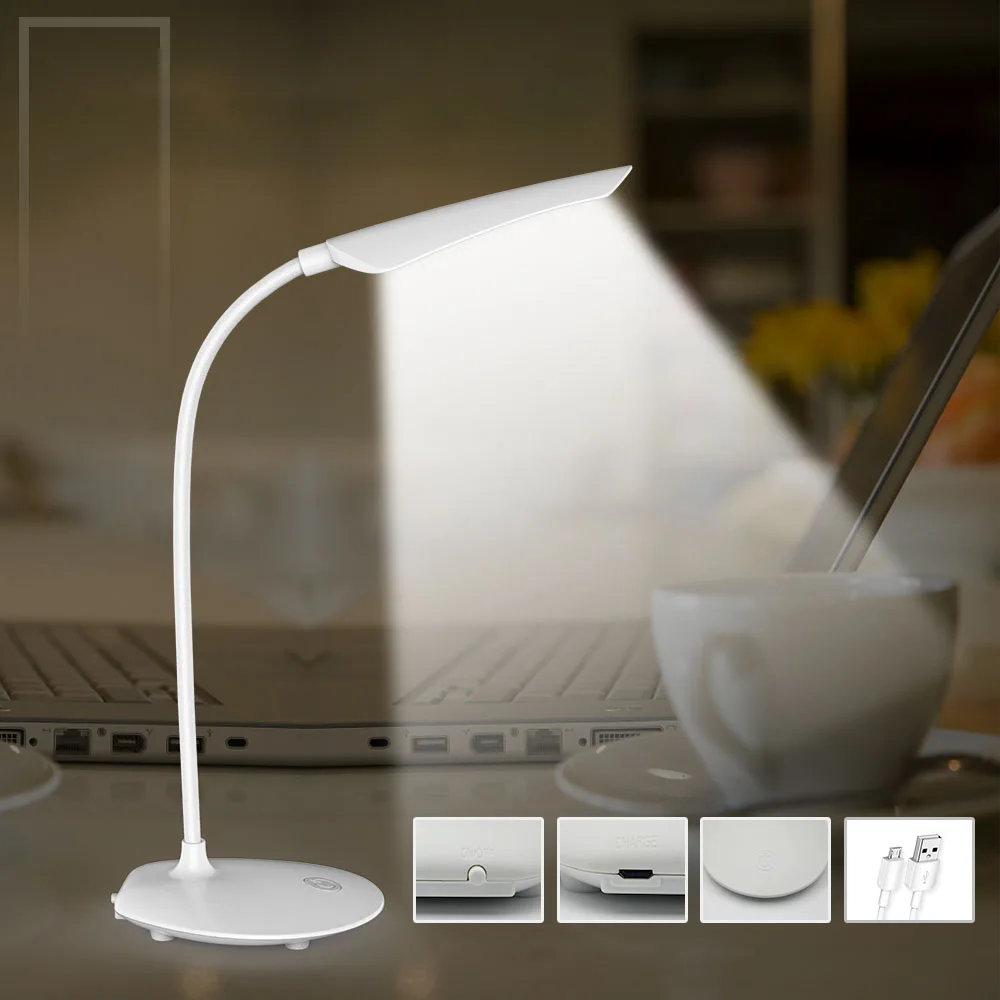 CLAITE USB Перезаряжаемые светодиодный настольная лампа регулируемый чтение свет для сенсорный выключатель, настольная лампа 5 V 3 W