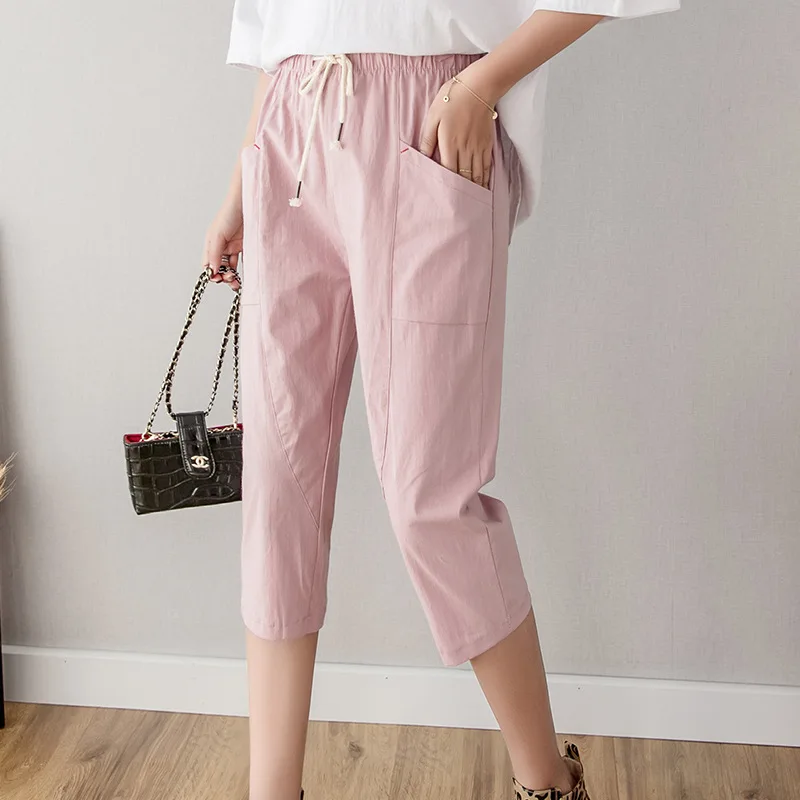 

Women Summer Calf-Length Pants Fashion Elastic Waist Cotton Linen Casual Summer Trousers Harem Pants