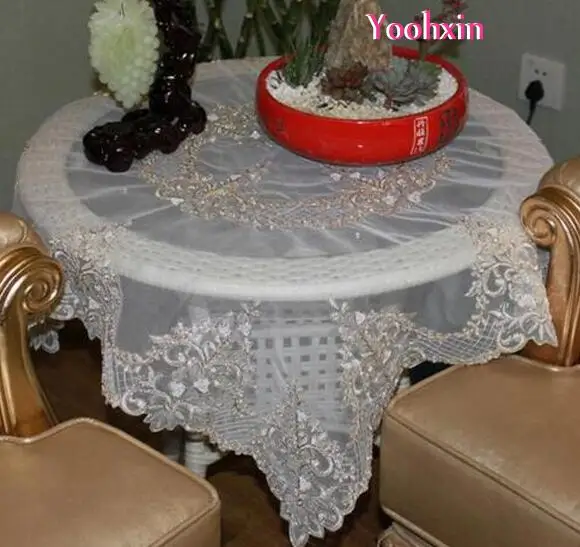 

83cm Luxury square Satin transparent Tablecloth embroidered white lace Table Cover cloth mantel Xmas Christmas Wedding Decor