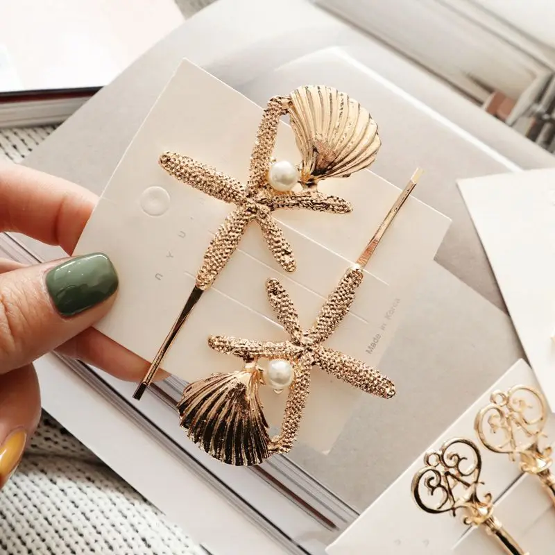 

2019 1Pair Key Hairpin starfish key Hair Clip Retro Metal Barrettes Palace style Hair Grip Hair Accessories for Women Wedding