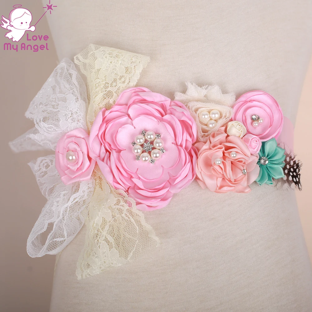 1pcs Pink floral girl sash Belly to birth baby sash wedding gown sash