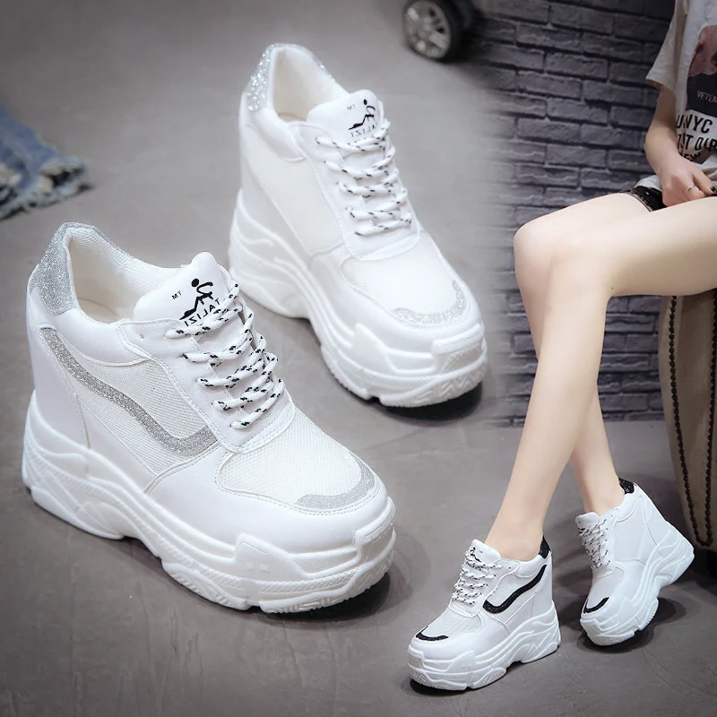 Женские кроссовки на танкетке 11 см; спортивная обувь, увеличивающая рост; прогулочная обувь с дышащей сеткой; спортивная женская обувь на шнуровке