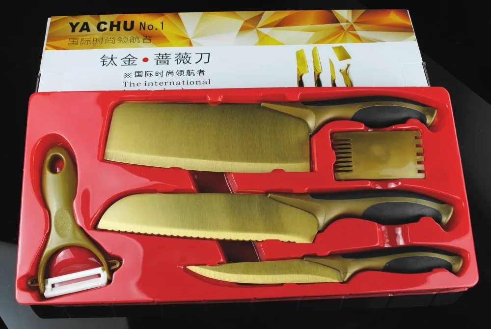 50 OFF promotion stock 5pcs gold titanium kitchen knife Utility Chef chop knives set with plastic
