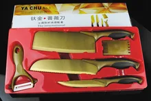 50% aus förderung lager 5 stück gold titan küchenmesser Dienstprogramm Küchenchef hacken messer mit kunststoff schäler kamm in farbfeld
