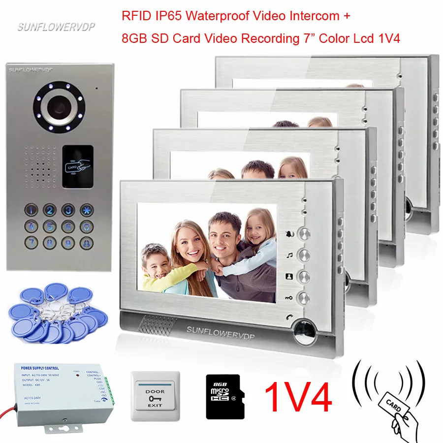 

4 Apartments IP65 Waterproof Wired Doorbell Camera 8GB SD Card Video Recording 7" Color Monitor Home Video Phone Rfid Code Kit