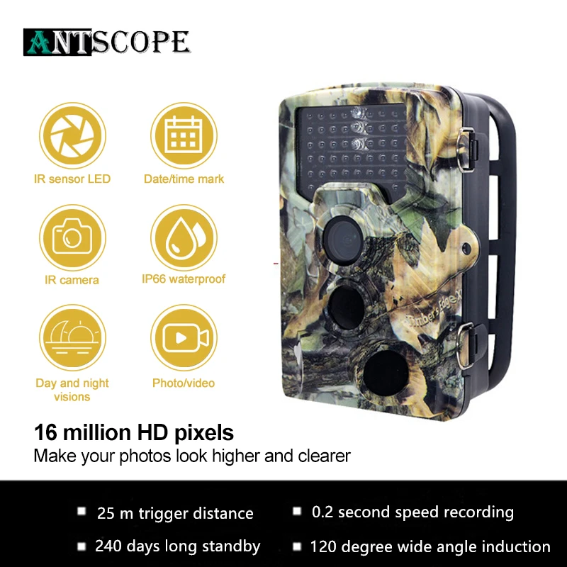 

Antscope 16 million HD pixels Camera 8MP 1080P 46pcs Infrared LEDs Hunting Camera IP66 Waterproof 120 Degree Angle Wild Camera