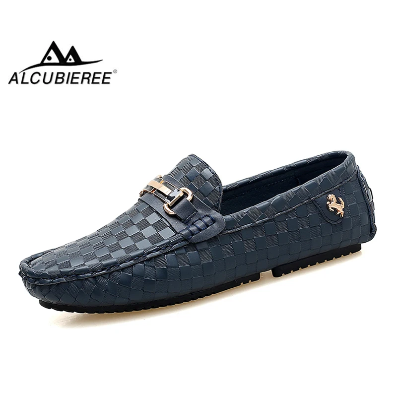 ALCUBIEREE Brand Mens Embossed Leather Moccasins for Men High Quality Slip On Flats Loafers Fashion Buckle Style Driving Shoes
