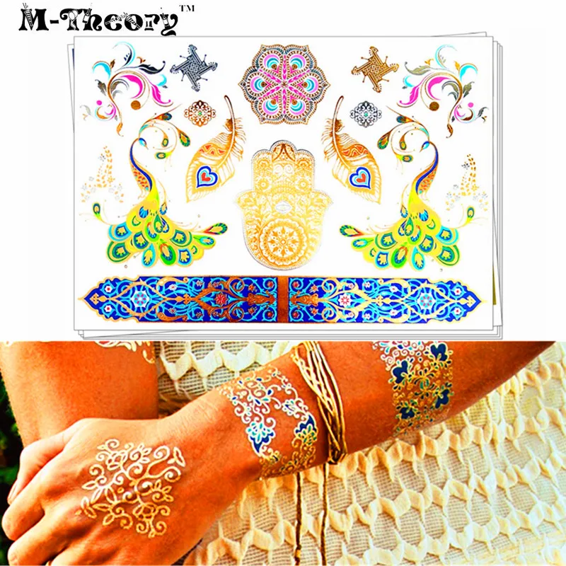 

25 Style Temporary Body Art, Golden Hamsa Peacock , Metallic Jewelry Flash Tattoo Sticker 21*15cm, Waterproof Henna Tatoo