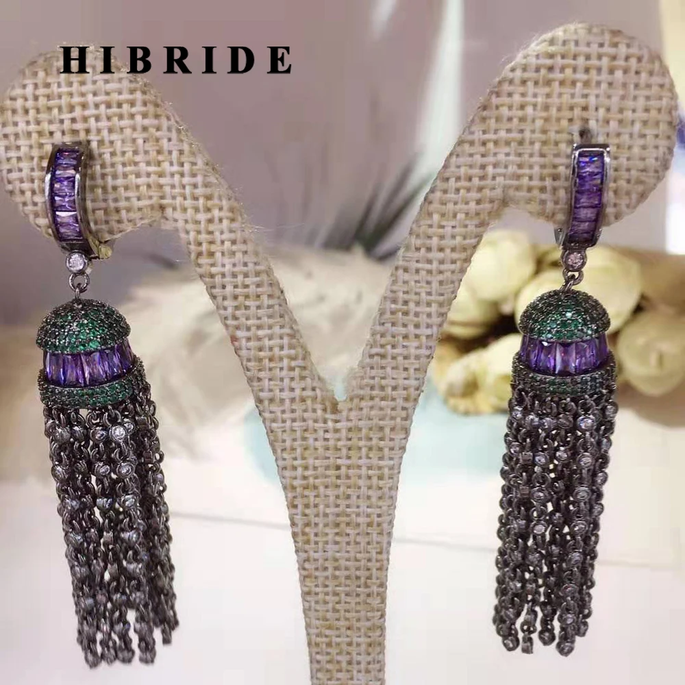 

HIBRIDE Sparkling AAA Cubic Zircon Pave Long Drop Tassel Earrings for Women Jewelry Pendientes Mujer Brincos Party Jewelry E-10