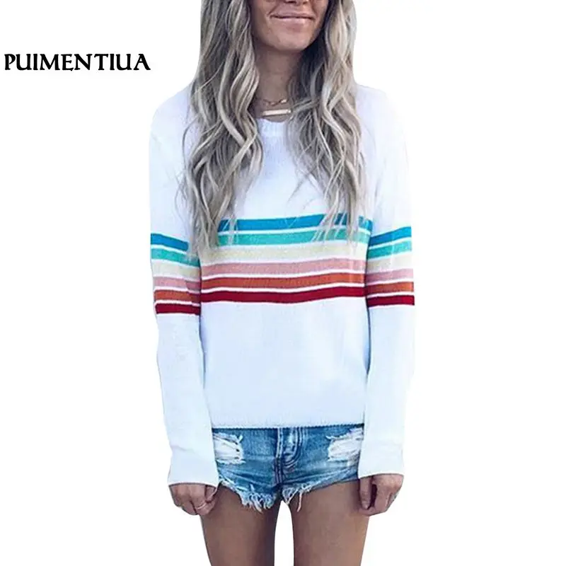 

Puimentiua 2018 New Women 4XL Plus Size Autumn Rainbow Striped Patchwork Hoodies Female Casual Long Sleeve Sweatshirt Pullovers