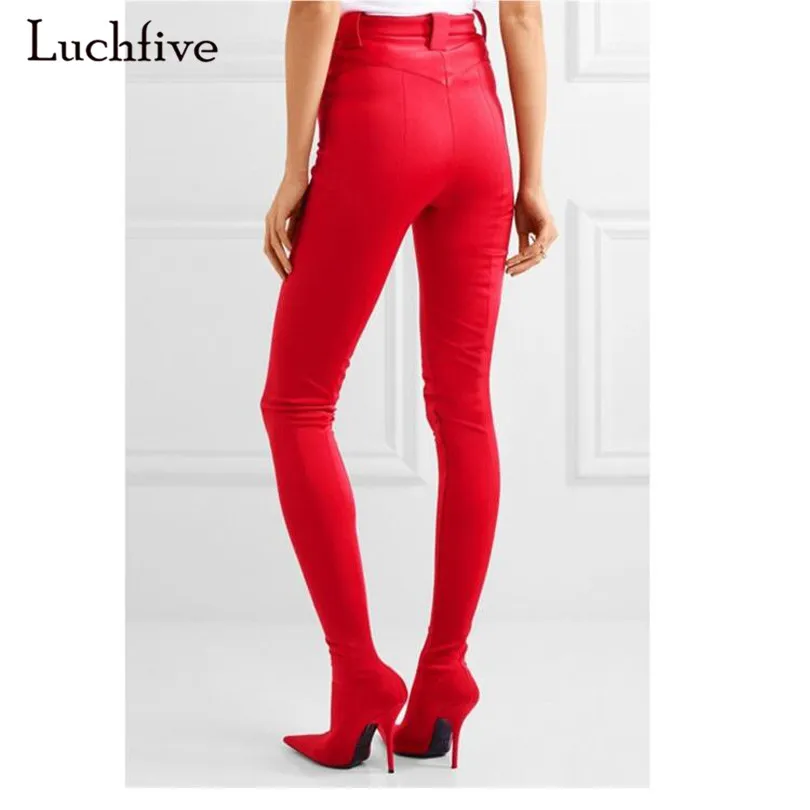 

New Sexy Red Bootcuts Over the knee Pants Boots Women Pointed Stilettos High Heels Sock Long Boots Woman Christmas Botas Mujer