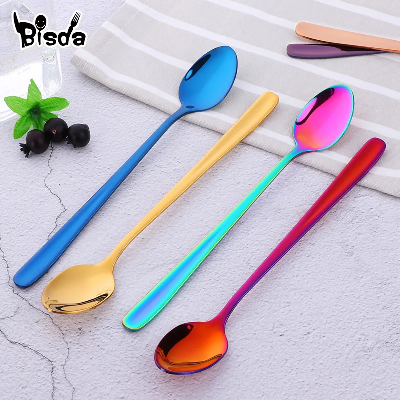 Long Handle Ice Spoons Stainless Steel Dessert Spoon Colorful Stirring Honey Tools Drinkware Coffee Party Restaurant 2Pcs stainless steel spoon