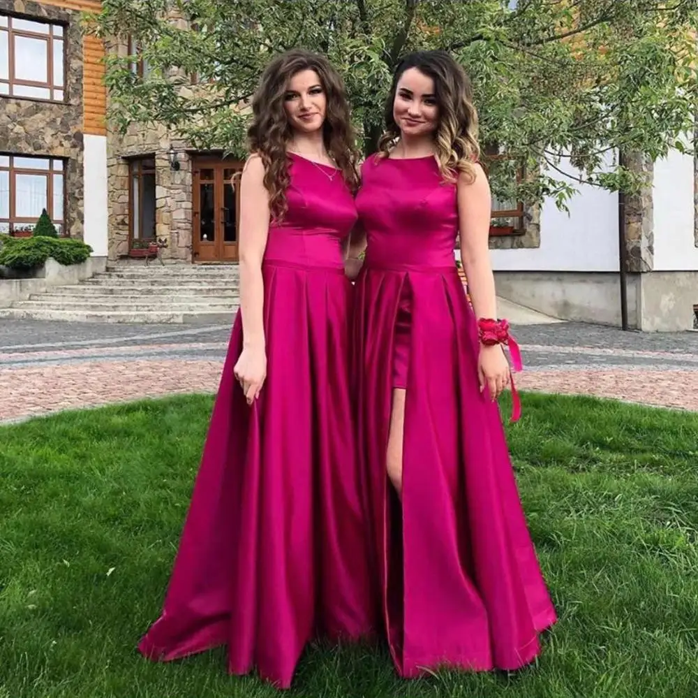 Vestido Madrinha сексуальный разрез фуксия платья подружек невесты длинное без рукавов атласное платье для выпускного вечера Подружка невесты свадебное платье