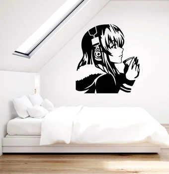 

Vinyl wall applique beautiful anime girl with coffee headset youth hostel art sticker home decor mural 2YY7