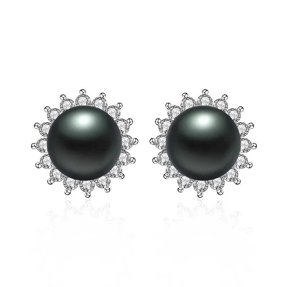 Распродажа! Модные циркониевые натуральный пресноводный жемчуг женские серьги-клипс серебро 925 ювелирные изделия в виде цветка свадебные серьги - Цвет камня: black pearl