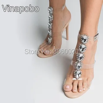 

2018 Summer Luxury Rhinestone Sandals PVC Strappy Gladiator Heels Open Toe Gemstone Crystal High Heels Women Dress Stilettos
