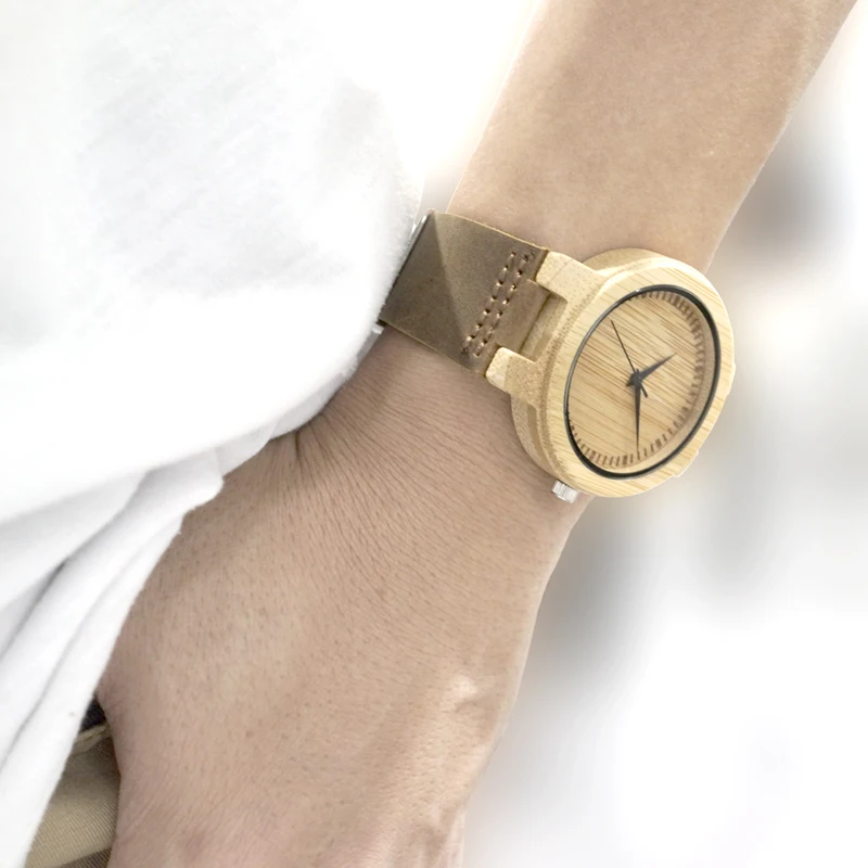 BOBO BIRD Simple Men Watches Bamboo Case Leather Strap Wooden Wristwatch for Male in Gift Box