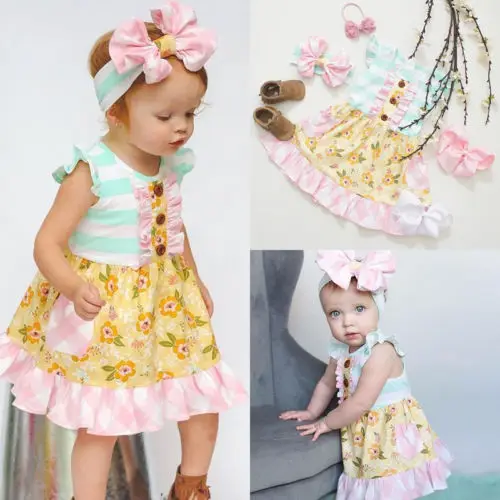 

Princess Girl Floral Patchwork Dress Sleeveless Summer Kids Baby Girls Striped Flower Party Pageant Cotton Sundress Clothes