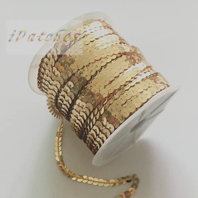 

1 Roll/Lot (100 Yards) 6mm Flat Round pvc Sequins Roll Paillettes sewing on trim ,Light Golden sequin Ribbon for Cloth Accessory