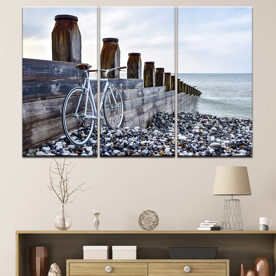 Landscape Canvas Prints Blue Seaside Painting Home Decor Wall Wooden Bridge 3pcs