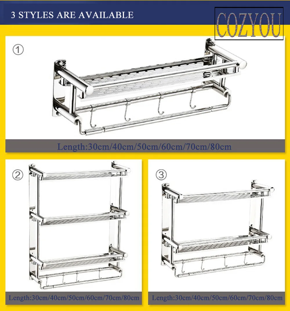 Length 30cm 40cm 50cm 60cm 70cm 80cm Stainless Steel Single Tier Bathroom Shelves font b Rack