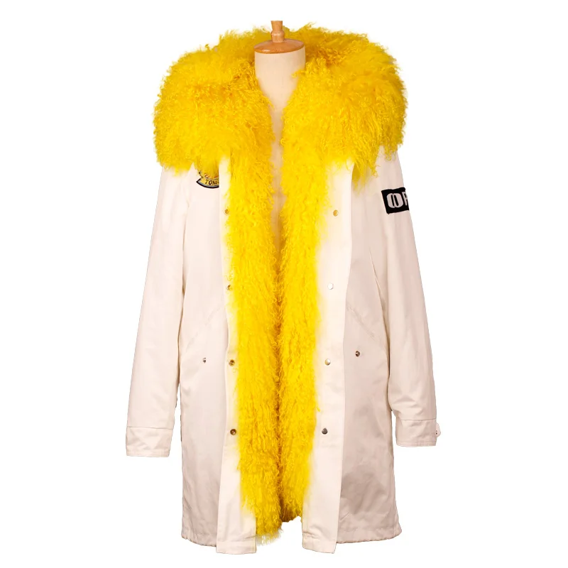 

Real mongolian sheep fur liner parka coat fur overcoat hooded women's beach wool fur collars long sections winter outerwear