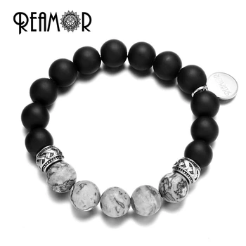 

REAMOR Mix Match Natural Gray Map Stone with 10mm Black Matte Onyx Beads Yoga style Elastic Rope Bead Bracelets Women Jewelry