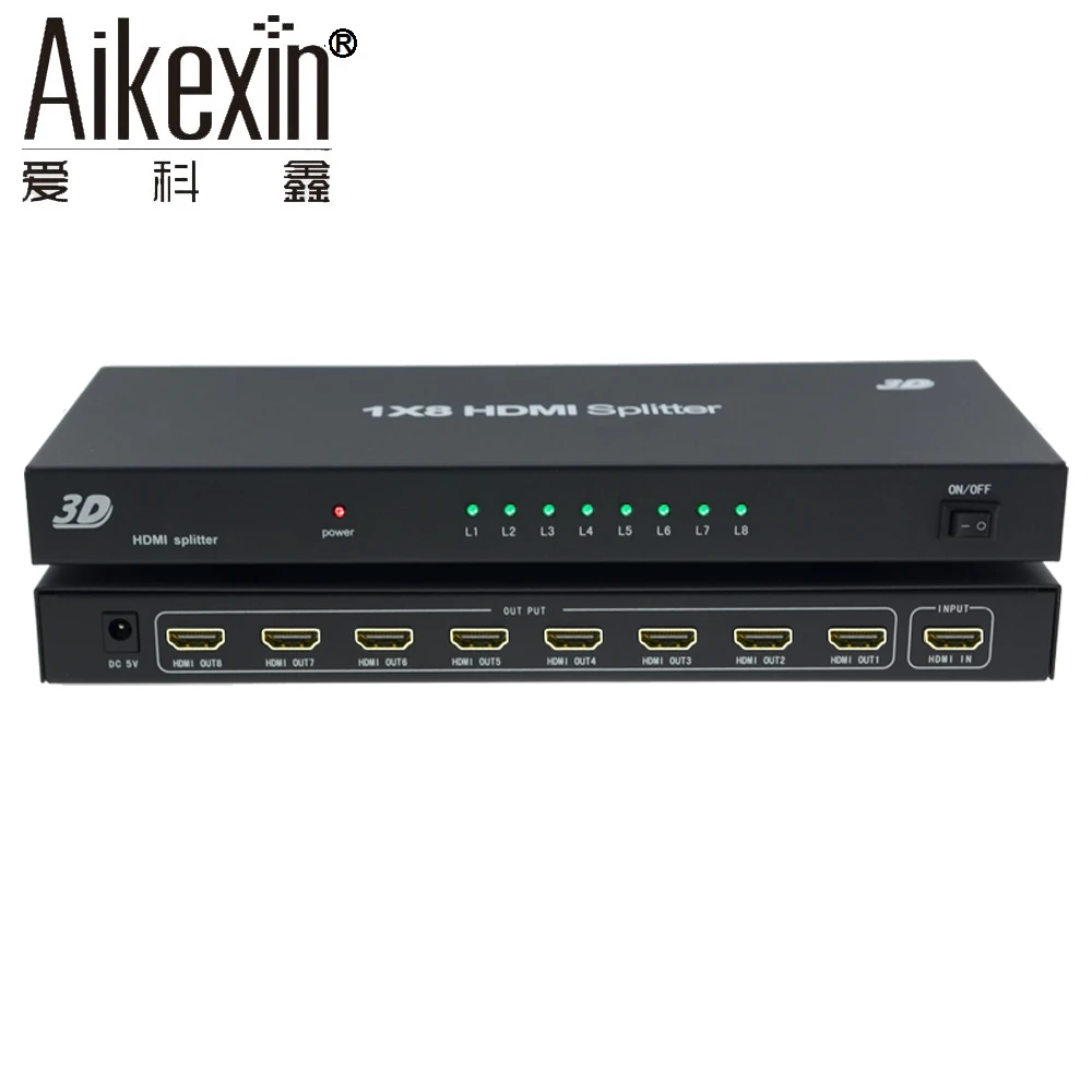Aikexin 1080P 8 Way HDMI Splitter 8 port HDMI Adapter Hub 3D 1X8 HDMI Video Splitter 1 in 8 out for HDMI TV,PC DVD Player PS3