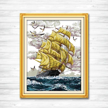 

Sailing ship Counted Printed on canvas DMC 11CT 14CT Cross Stitch kits needlework Set embroider The sea Scenery Style home Decor