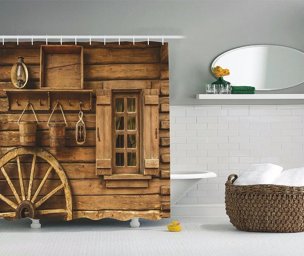High Quality Arts Shower Curtains Retro Wooden House Wheel Window Oil