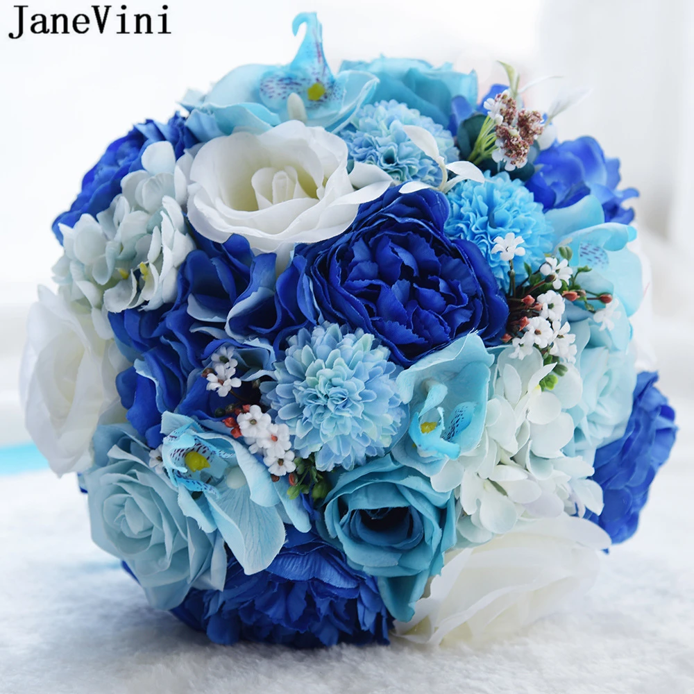 

JaneVini Graceful Royal Blue Wedding Bouquet with Ribbon Handle Artificial Silk Flowers Bridal Bouquets Rose Bride Ramo Flores