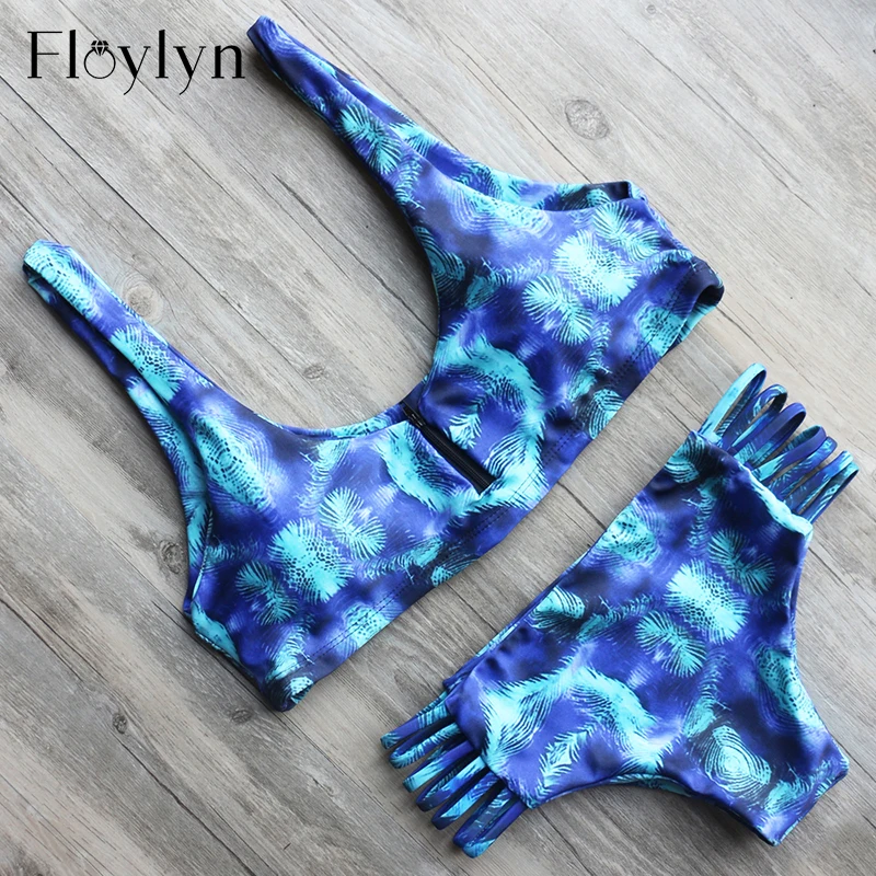 Floylyn Women Zipper Front Bikini Set Push Up Sports Bra Top Triangle