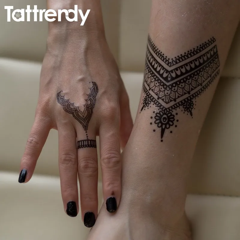 Tattrendy Горячая черно-белая хна татуировки наклейки флэш временные водонепроницаемые кружева вдохновили тело индийская рука бабочка Ловец снов