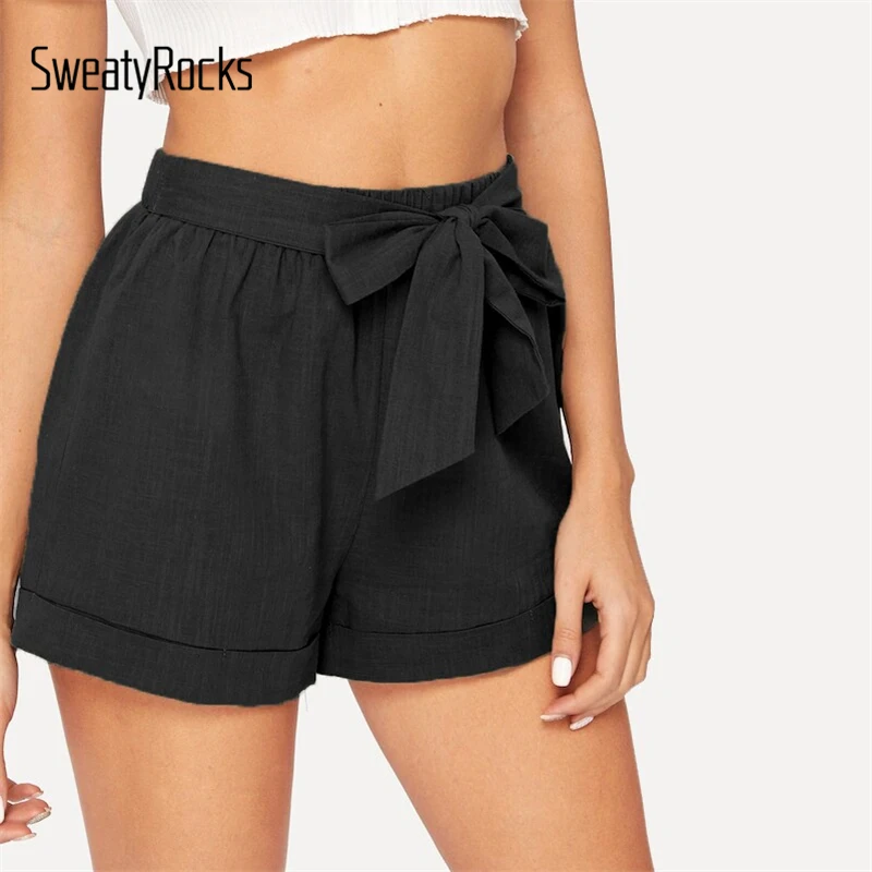SweatyRocks завязывается поясом с эластичной резинкой на талии, шорты с карманами Для женщин уличная Повседневное прямые шорты летние Для женщин s шорты из плотной ткани