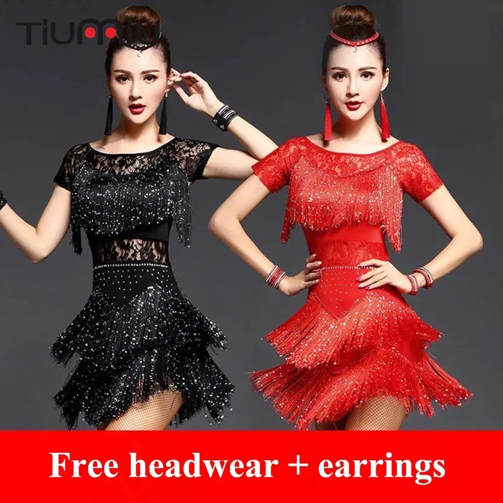 

2019 Latin Dance Dress Women Girls Lady New Sexy Sequin Tassel Fringe Ballroom Tango Rumba Dance Costume Performance Stage Wear