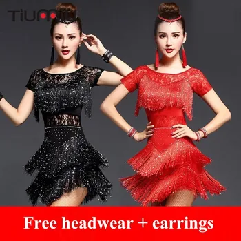 

2019 Latin Dance Dress Women Girls Lady New Sexy Sequin Tassel Fringe Ballroom Tango Rumba Dance Costume Performance Stage Wear