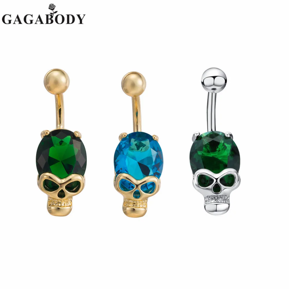 Skull CZ Belly Ring Light Yellow Gold Color Stainless Steel Rhinestone