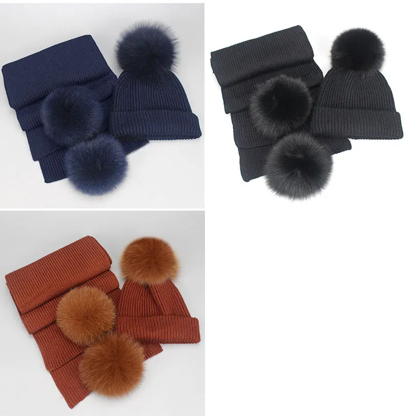 Winter Beanies Fox Pompom Fur Wool Knitted Hat The Female Of The Mink Caps Beanie Hats For Women Girl 'S Hats Scarves Cap Scarf